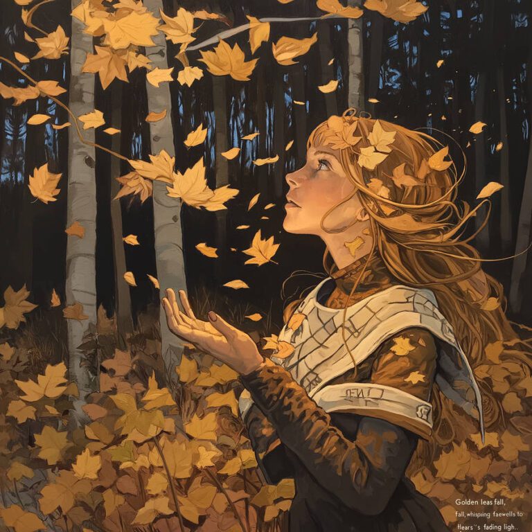 Art of a woman catching golden leaves in a forest