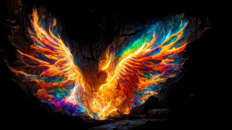 Digital art, orange and rainbow flames resembling a phoenix