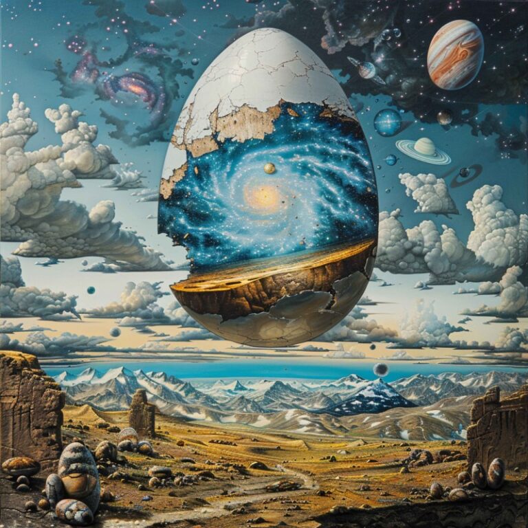 AI Generated Art, A an egg floats above a landscape, cracking open to reveal a galaxy inside