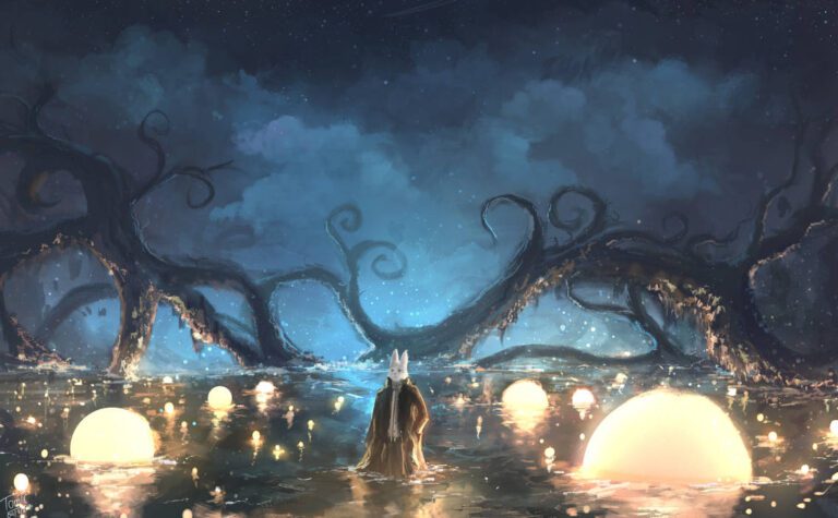 Art of a person standing in water surrounded by glowing orbs