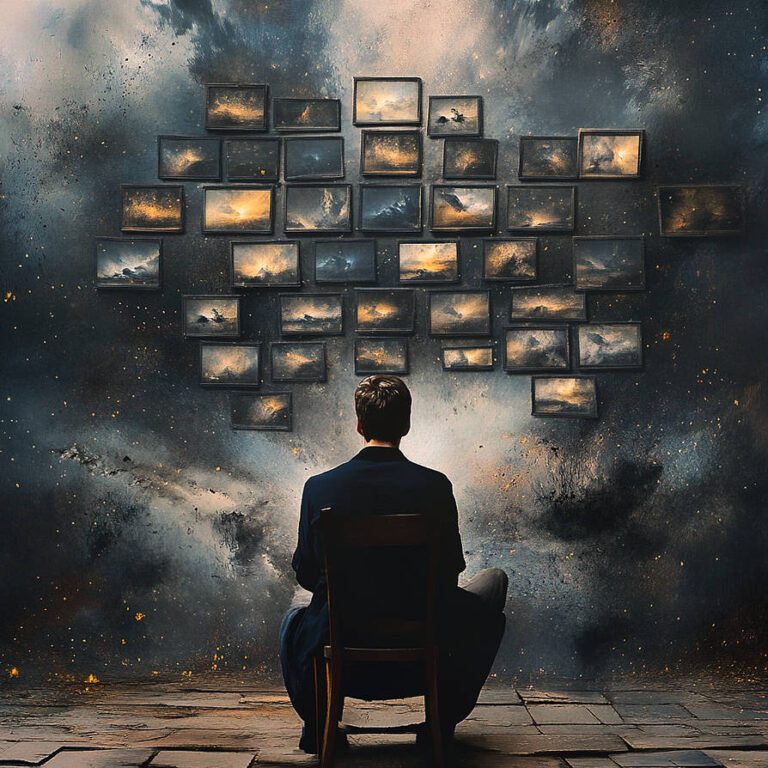 A man seated in a chair watching dozens of screens of the galaxy on a wall that looks like the galaxy