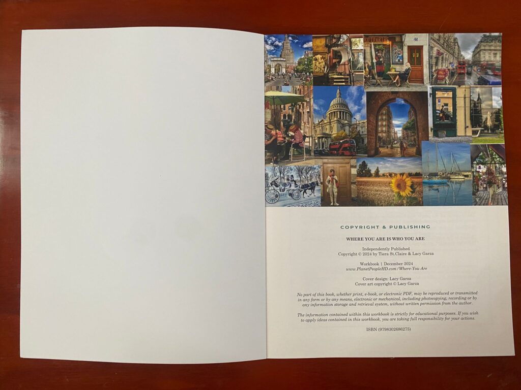 Where You Are Is Who You Are workbook laying on a table, turned to the Copyright & Publishing page