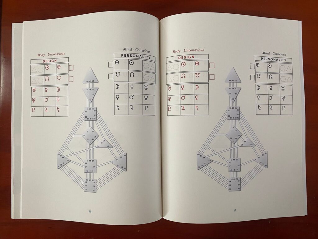 Where You Are Is Who You Are workbook laying open on a table, showcasing blank Human Design BodyGraphs