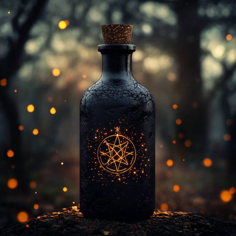 Digital art of a black magic bottle sitting on a rock in the woods