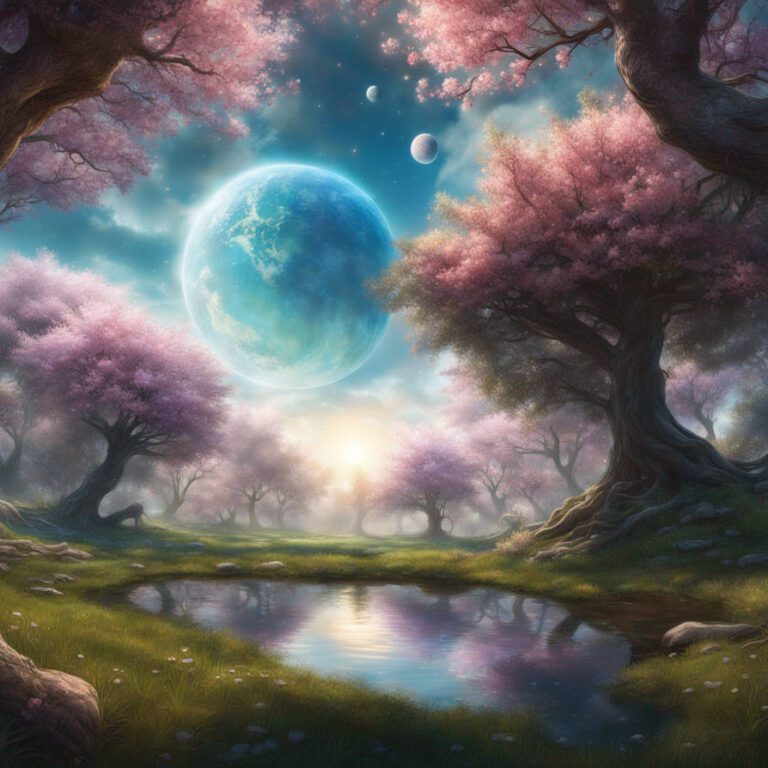 Blue sky with a blue planet and cherry blossom trees