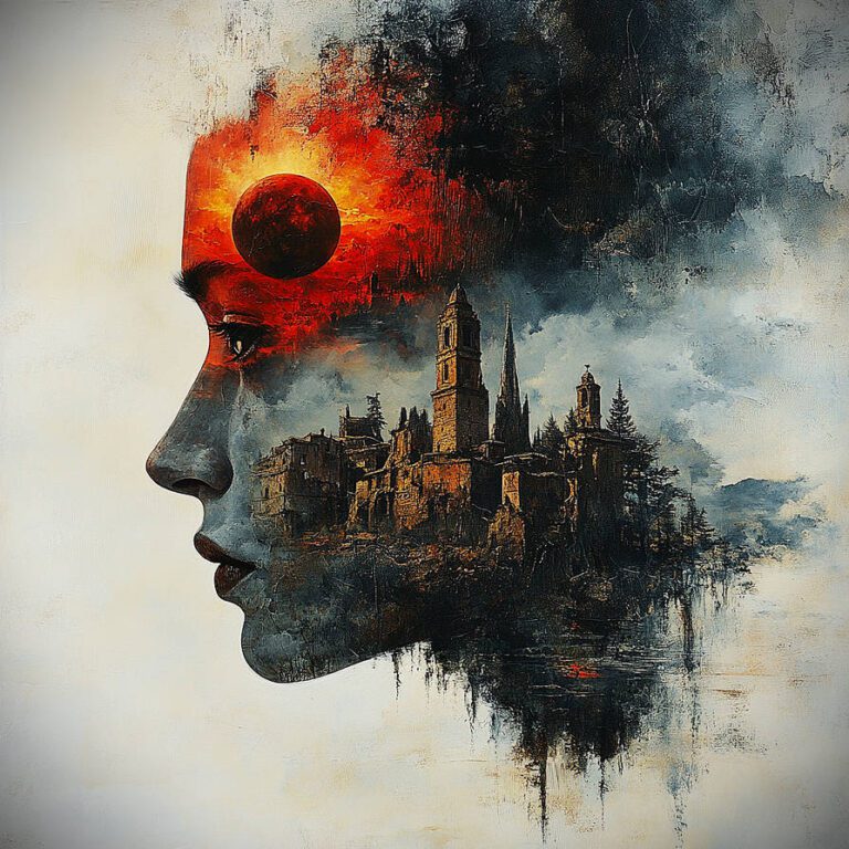 Digital art, profile of a woman made out of a painting of a solar eclipse over a castle