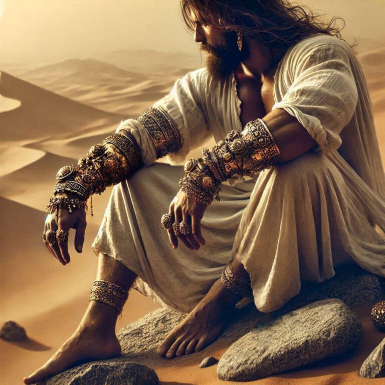 Digital art of Gilgamesh sitting in desert sands