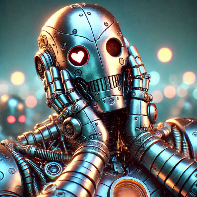 Digital art of a robot with a heart in his right eye