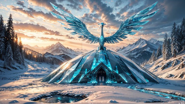 Digital art of an ice phoenix standing on a metal pyramid