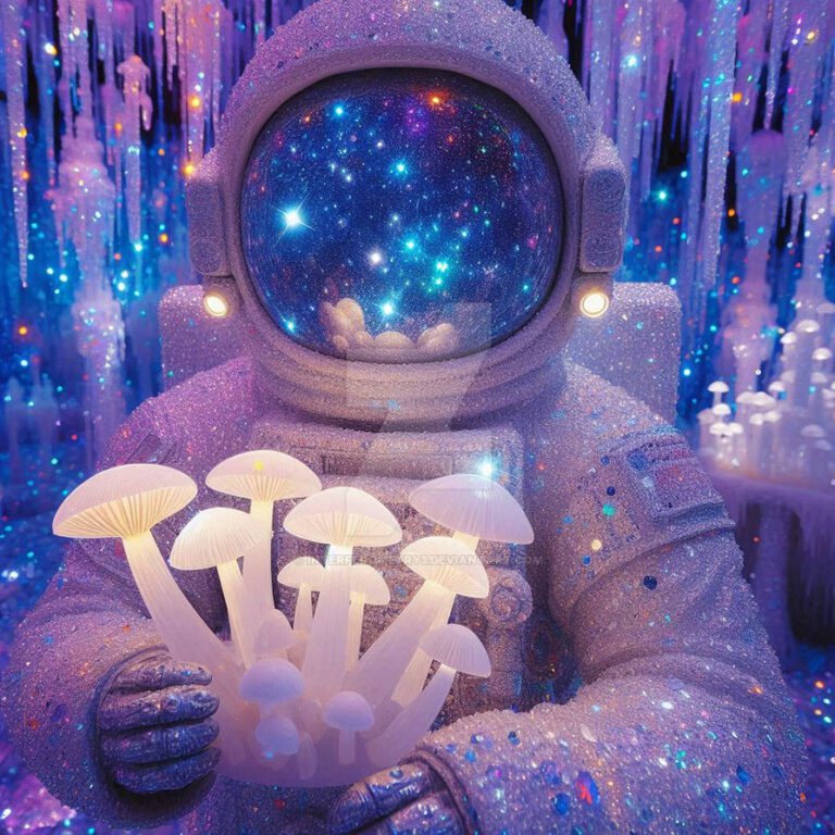 Digital art of a glittery astronaut holding mushrooms