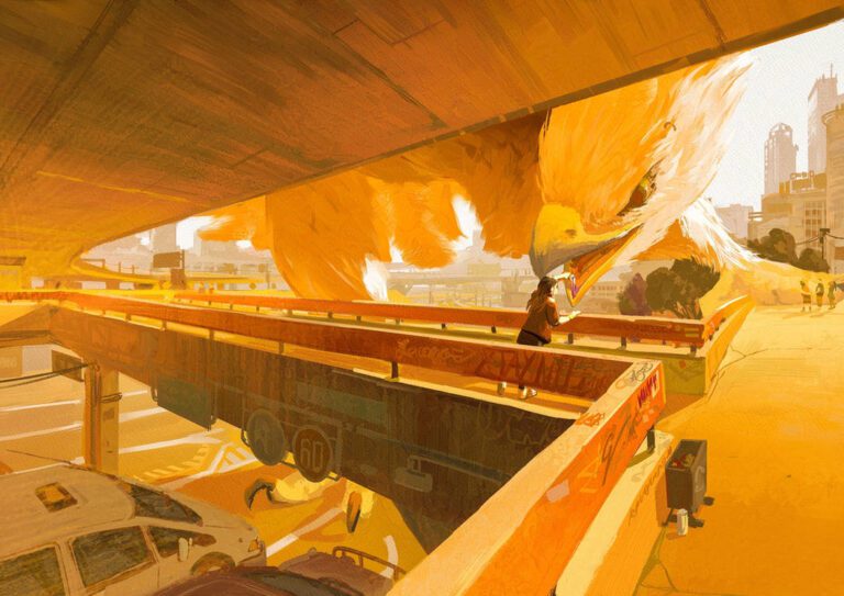 Digital art of a woman feeding a giant bird from a parking garage