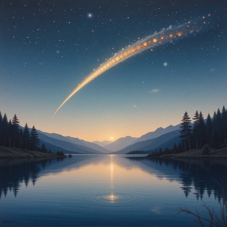 Digital art of a comet crossing a lake at sunset