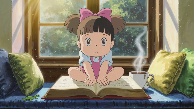 A girl sitting on a book with a frown and a cup of tea