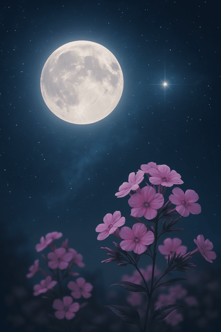 Spica with the full moon and phlox