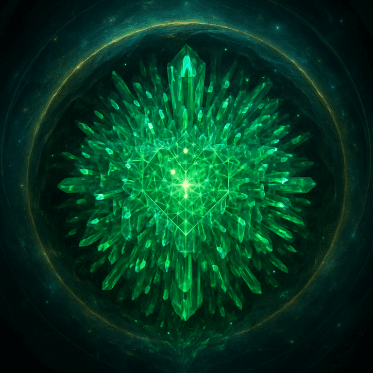 Generations of green design crystals in the center of the Earth