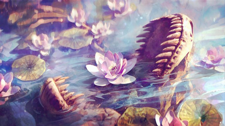 A lotus growing out of an alligator skull