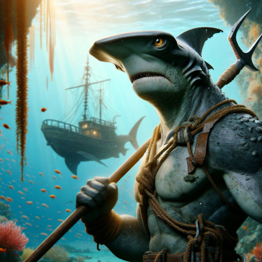 A shark with a trident, looking into the distance