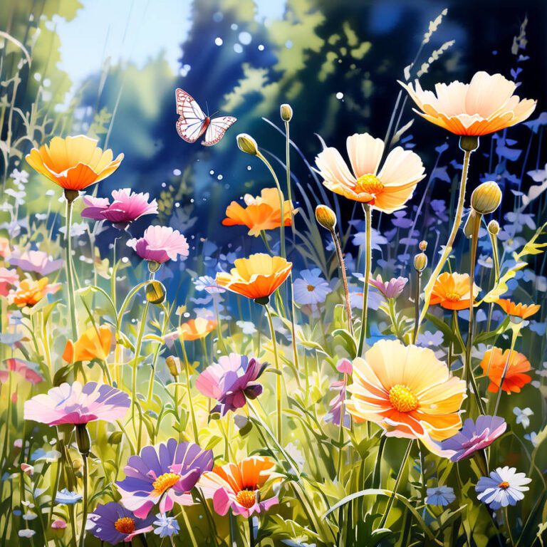 Wildflower meadow bathed in golden light