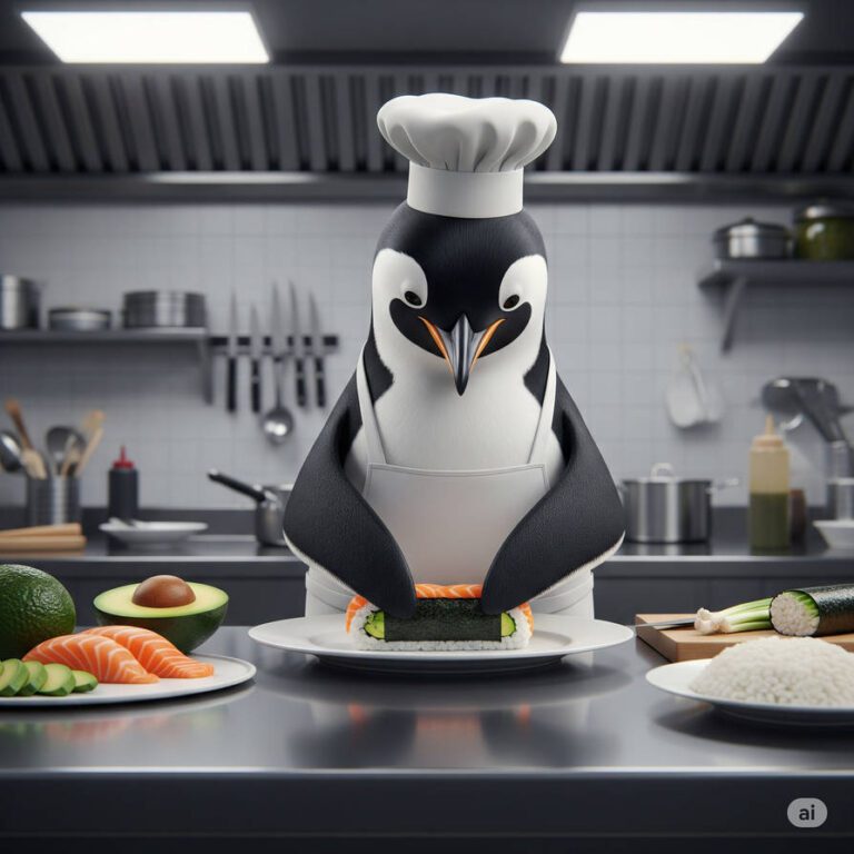 A penguin rolling sushi