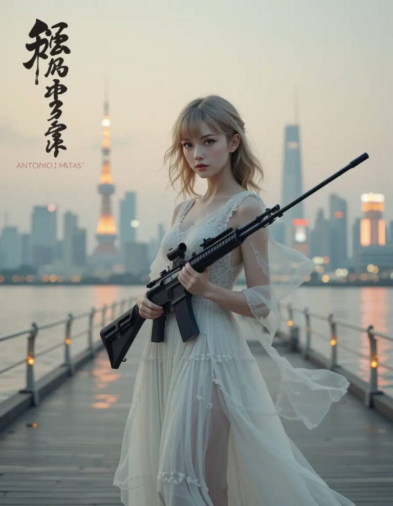 A woman standing in front of a tower with a machine gun