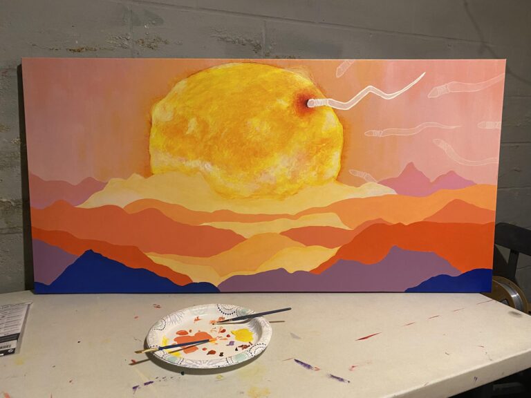 Acrylic painting on canvas of an embryo, resembling the sun, being fertilized by sperm.