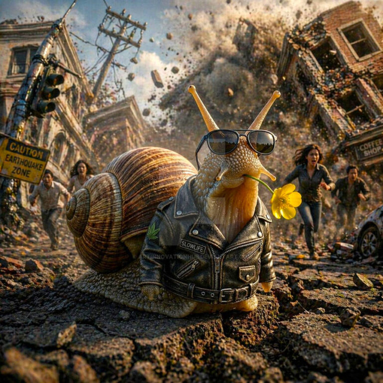 A snail in sun glass and a leather jacket holds a flower in his mouth while standing in an earthquake